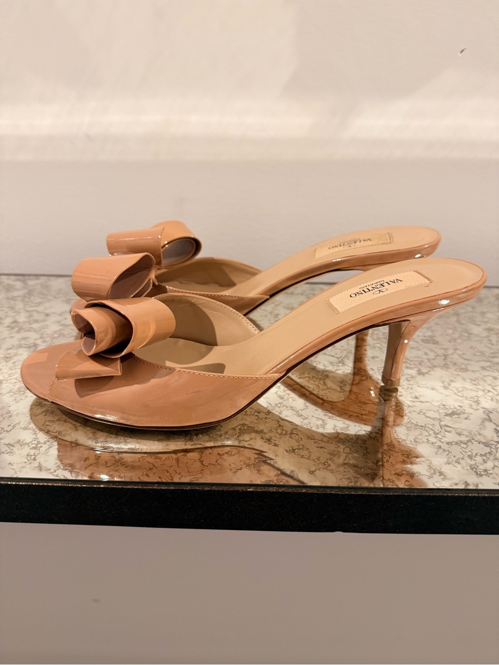 Valentino Garavani Nude Patent Bow Kitten Heel Mules